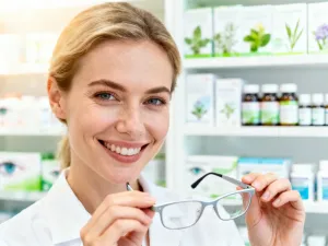 Farmaceuta w białym fartuchu trzyma opakowanie suplementu diety w nowoczesnej aptece.