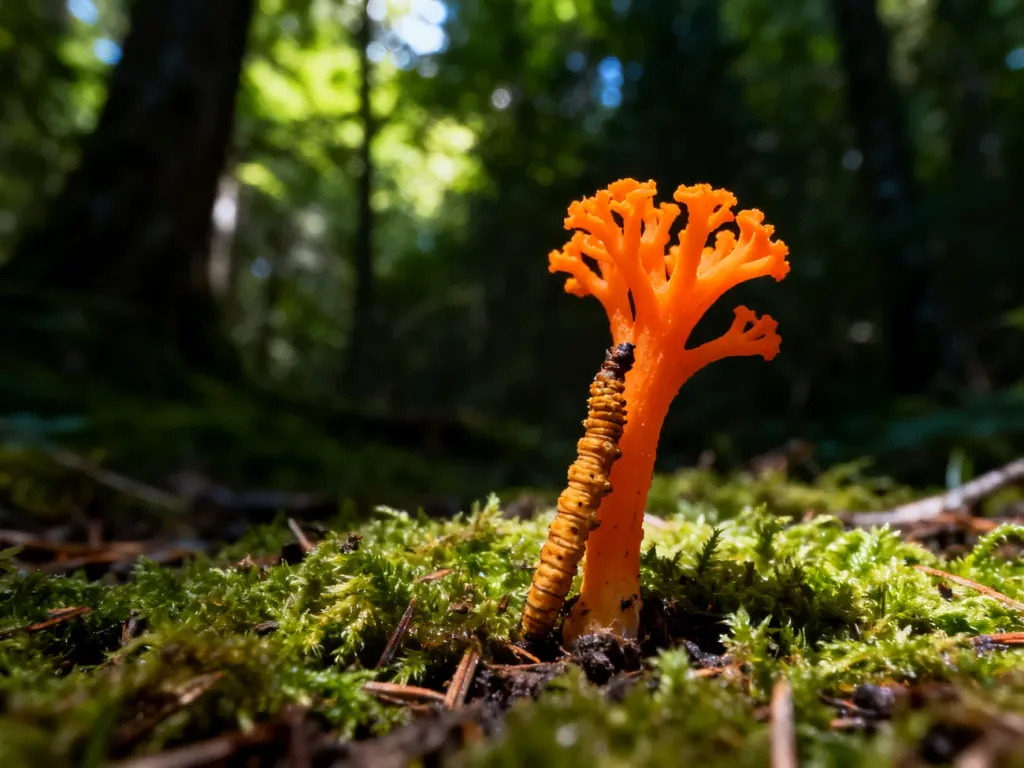 Świeży grzyb Cordyceps o intensywnie pomarańczowej barwie rosnący na mchu w leśnym otoczeniu.