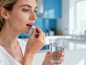 Uśmiechnięta kobieta trzymająca zdrowe produkty bogate w witaminę B1, takie jak nasiona słonecznika, rośliny strączkowe i zboża.